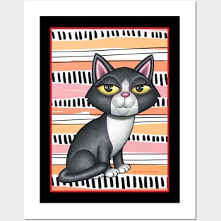 Cute black and white kitty with piano keys in background Posters and Art